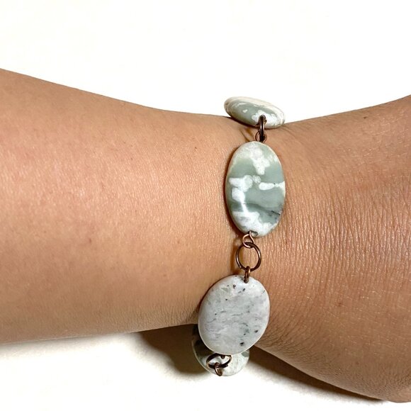 2/$20, Green Flower Agate Boho Bracelet, Large Genuine Gemstone + Copper Links - Picture 10 of 14